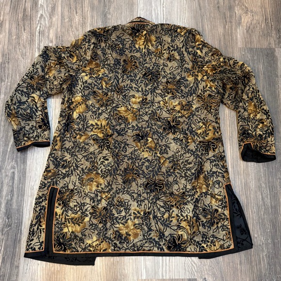 Coldwater Creek Women L Embroidered Floral Reversible Kimono Jacket Gold Black - Picture 3 of 9